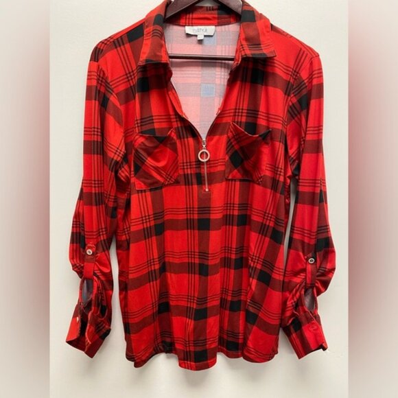 mySTYLE Red and Black Plaid Half Zip Top Size XL - Picture 1 of 6